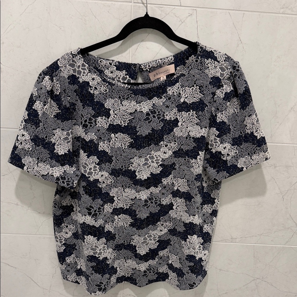Philosophy Navy & White Floral Lace Overlay Short Sleeve Top